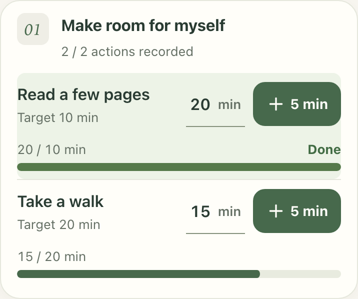 Example action card with reading and walking minutes